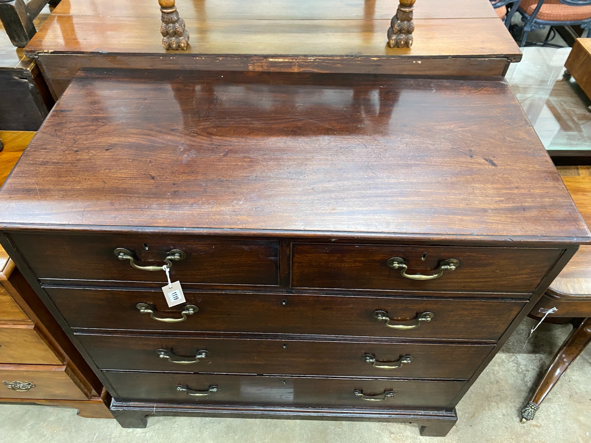 A George III mahogany chest, fitted two short and three long drawers, width 107cm, depth 53cm, height 103cm